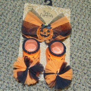 Infant Halloween Booties & Headband 0/6 months Orange Black Pumpkin 2 Pc Girls